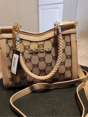 bebe Beige & Brown Jacquard Braided-Handle Satchel